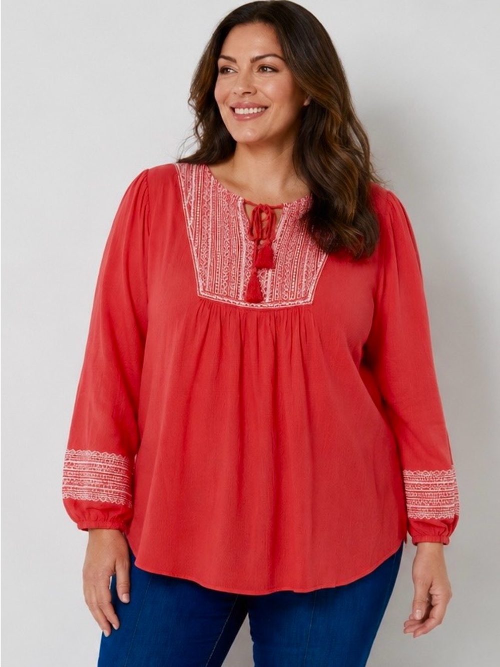 Susan Graver Coral Red Embroidered Peasant Tunic